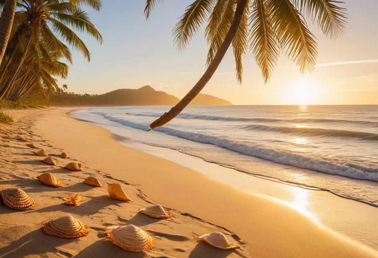A serene beach scene featuring a diverse group of models showcasing an array of eco-friendly swimwear made from sustainable materials. The sun is setting, casting a warm glow, while vibrant beach umbrellas and seashells are scattered on the golden sand. Include elements like palm trees and ocean waves to evoke a tropical vibe. Captured in a stylish, editorial fashion photography style. super-realistic. vibrant colors. natural lighting.